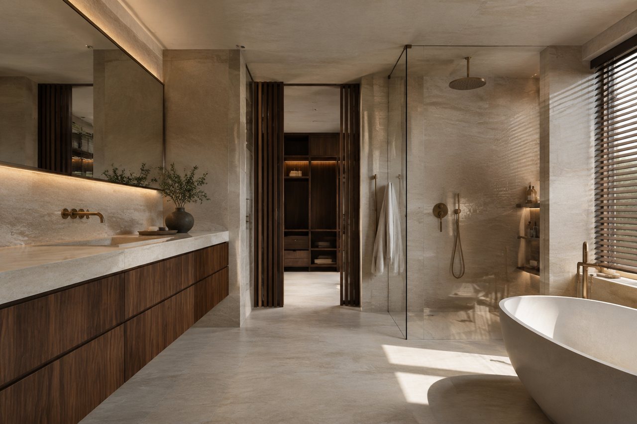 Ba&ntilde;o contempor&aacute;neo con madera y piedra
